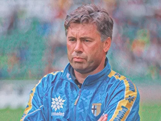 Carlo Ancelotti allenatore del Parma - Illustrazione Tacchetti di Provincia