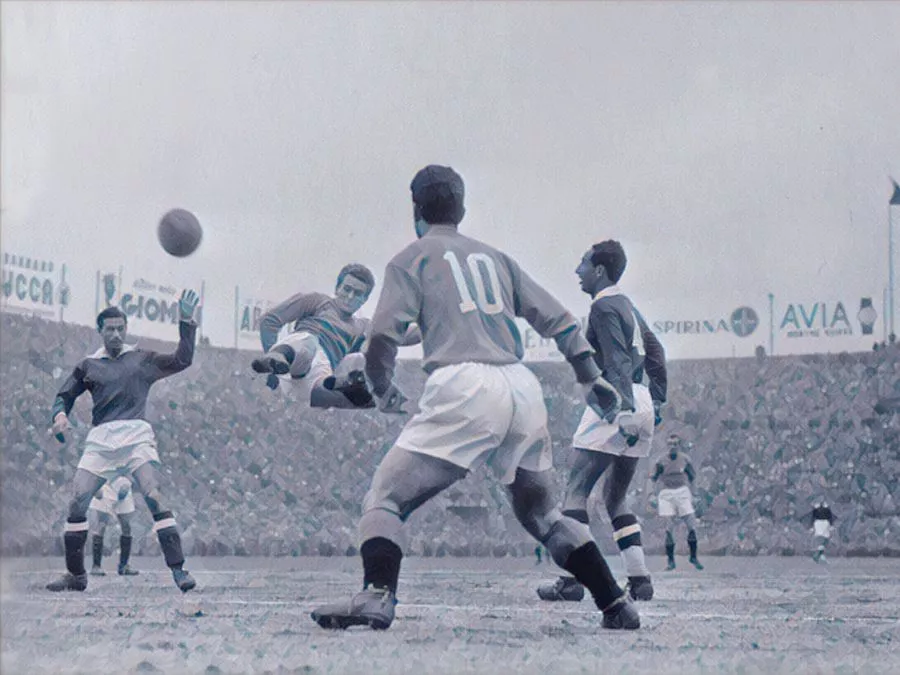 giocatori in azione durante la prima partita trasmessa in tv il 24 gennaio 1954