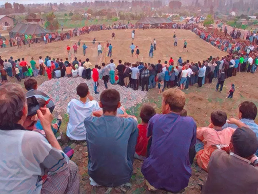 una partita di calcio in un campo profughi in Kosovo dopo la guerra