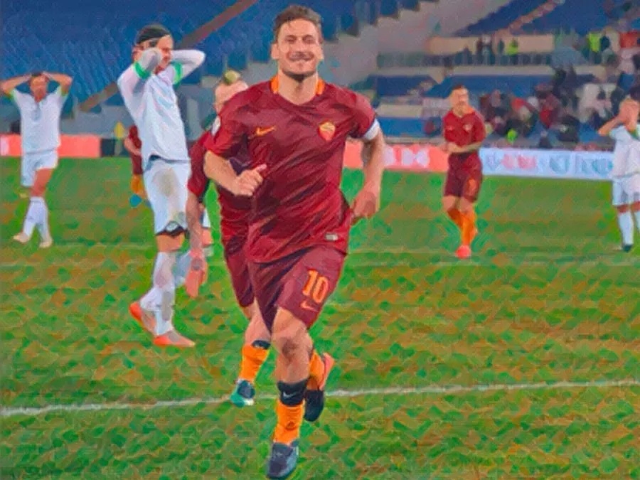 Francesco Totti realizza su rigore il suo ultimo gol con la Roma contro il Cesena in Coppa Italia nel 2017