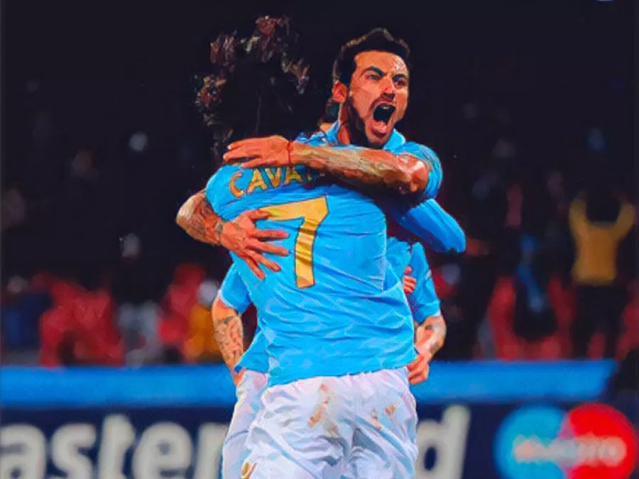 Lavezzi e Cavani esultano durante Napoli-Chelsea 3-1 del 21 febbraio 2012