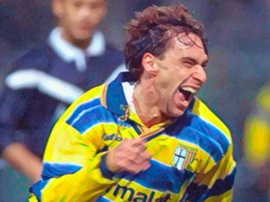 I giocatori del Parma esultano al Tardini dopo uno dei gol segnati contro il Bordeaux nei quarti di Coppa Uefa del 1999