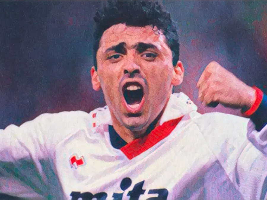Carlos Aguilera esulta dopo uno dei gol segnati dal Genoa contro il Liverpool ad Anfield nel 1992