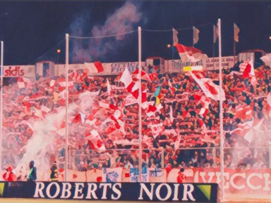 La curva dei tifosi dell'Ancona durante la finale di Coppa Italia 1994 contro la Sampdoria