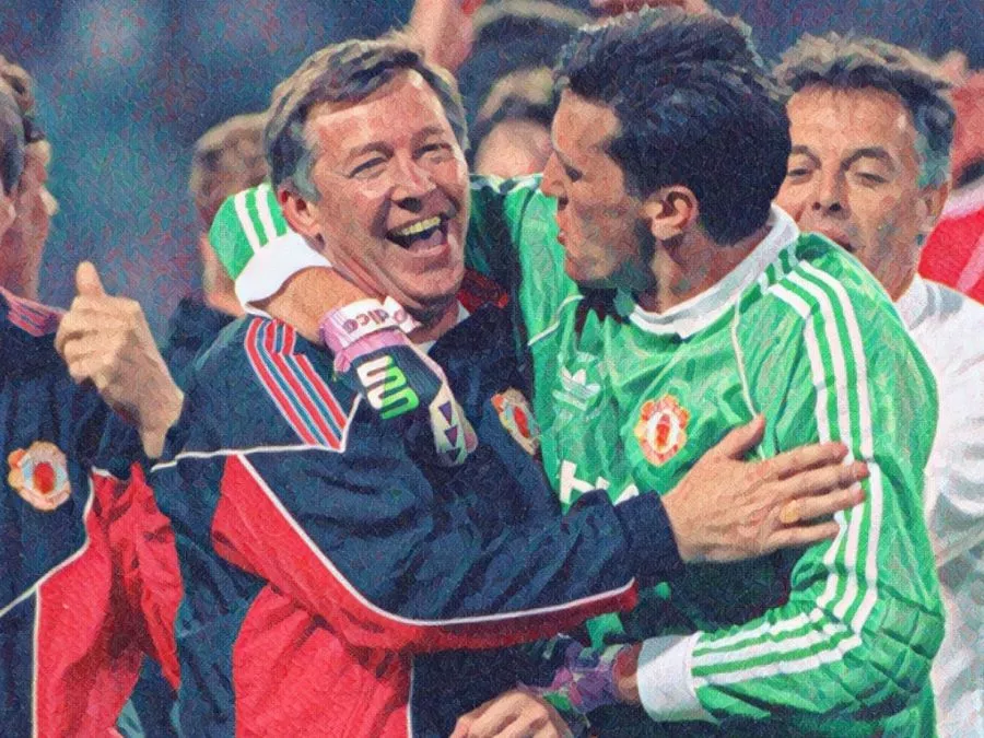 Sir Alex Ferguson celebra la FA Cup 1990 con il Manchester United a Wembley