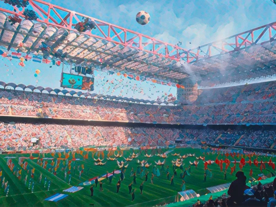 Le modelle sfilano sul prato di un rinnovato Stadio San Siro durante la sfarzosa cerimonia d'apertura dei Mondiali di Italia '90