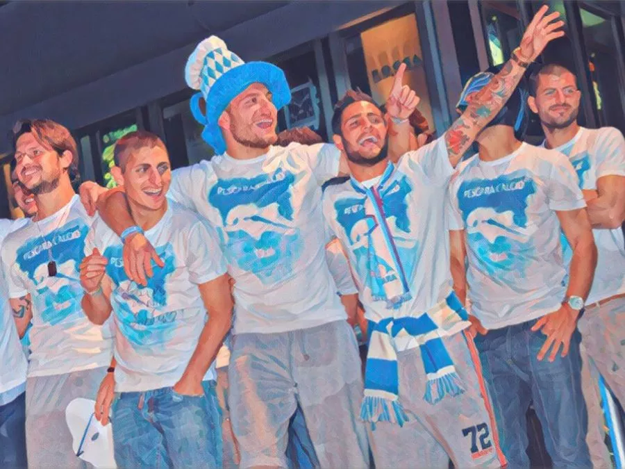 Lorenzo Insigne, Ciro Immobile, Marco Verratti e Zdenek Zeman festeggiano la promozione del Pescara nel 2012
