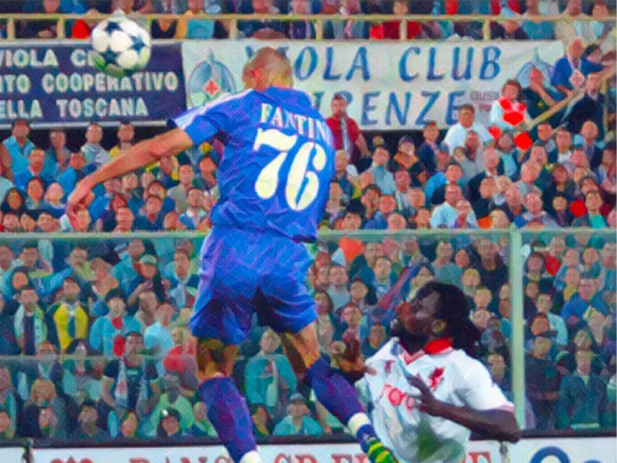 Enrico Fantini segna il gol promozione nello spareggio con il Perugia per la Serie A allo stadio Artemio Franchi di Firenze il 20 giugno 2004