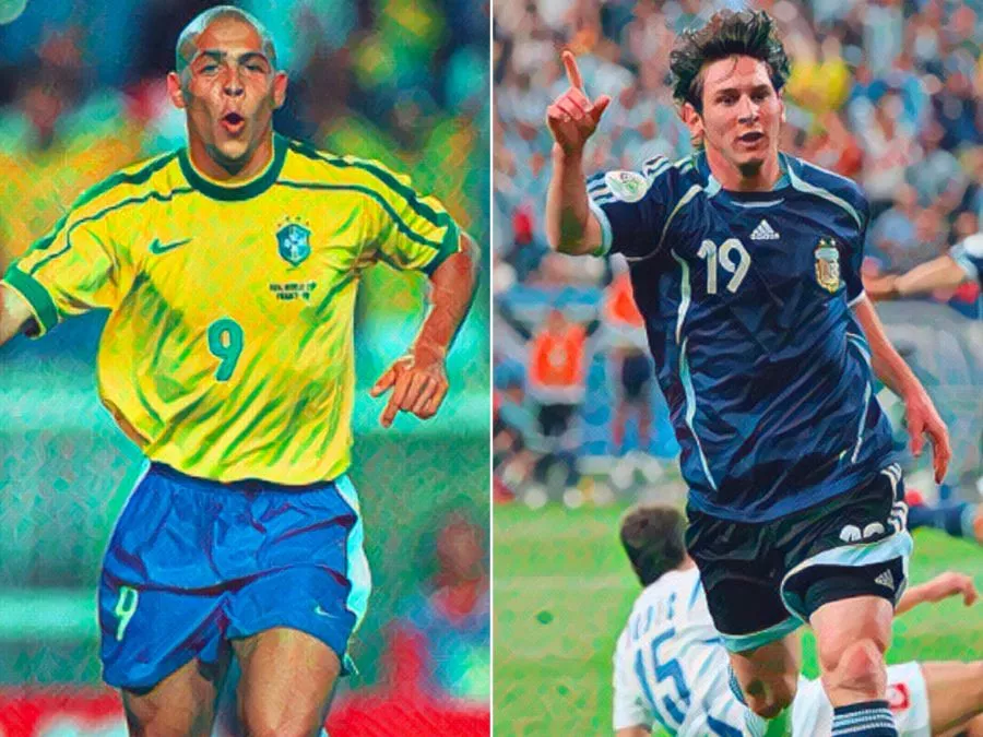 Grafica divisa in due: a sinistra Ronaldo il Fenomeno esulta con la maglia del Brasile a Francia 98, a destra un giovanissimo Leo Messi con i capelli lunghi esulta a Germania 2006
