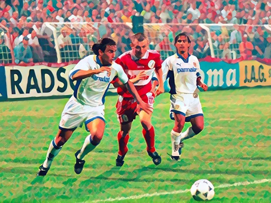 Fabio Cannavaro e Antonio Benarrivo durante il debutto del Parma in Champions League nel 1997 contro il Widzew Łódź