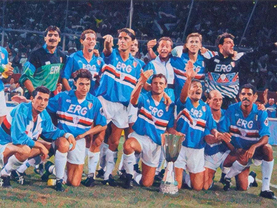 Roberto Mancini esulta insieme ai compagni della Sampdoria dopo la vittoria della Supercoppa Italiana 1991 a Marassi