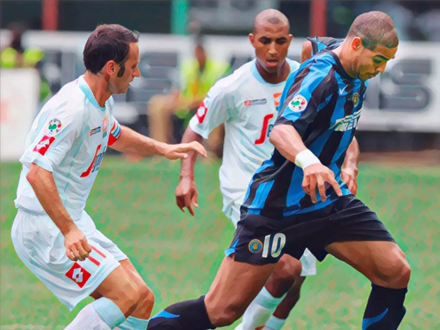 Fabio Gallo e Reginaldo giocatori del Treviso in campo allo stadio San Siro di Milano per il loro primo e storico esordio in Serie A nel 2005