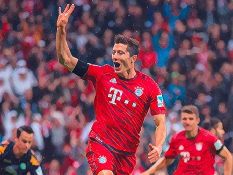 Robert Lewandowski esulta mostrando le cinque dita dopo aver segnato 5 gol in 9 minuti con il Bayern Monaco