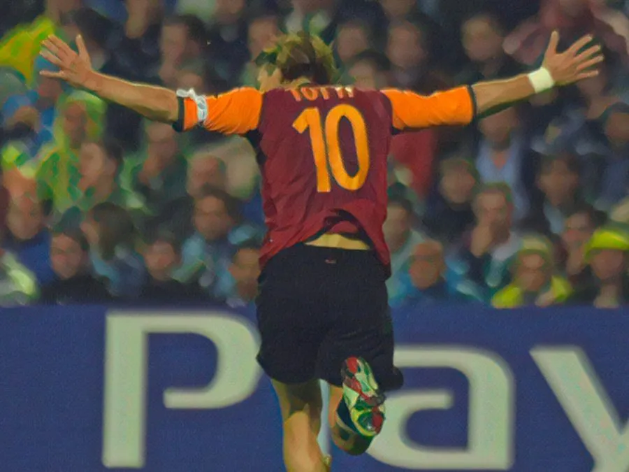 Francesco Totti festeggia dopo aver segnato il gol vittoria della Roma contro il Real Madrid al Santiago Bernabéu nel 2002