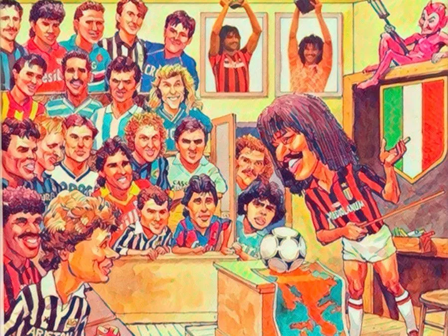 I volti di Marco van Basten, Lothar Matthäus e Diego Armando Maradona simboli della Serie A anni '80 in un'illustrazione del Guerin Sportivo